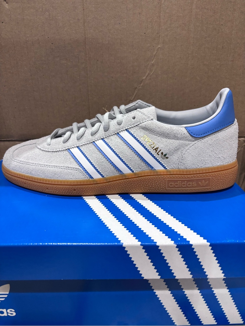 Adidas Men’s Spezial Suede Sneakers in Light Gray with Blue Accents